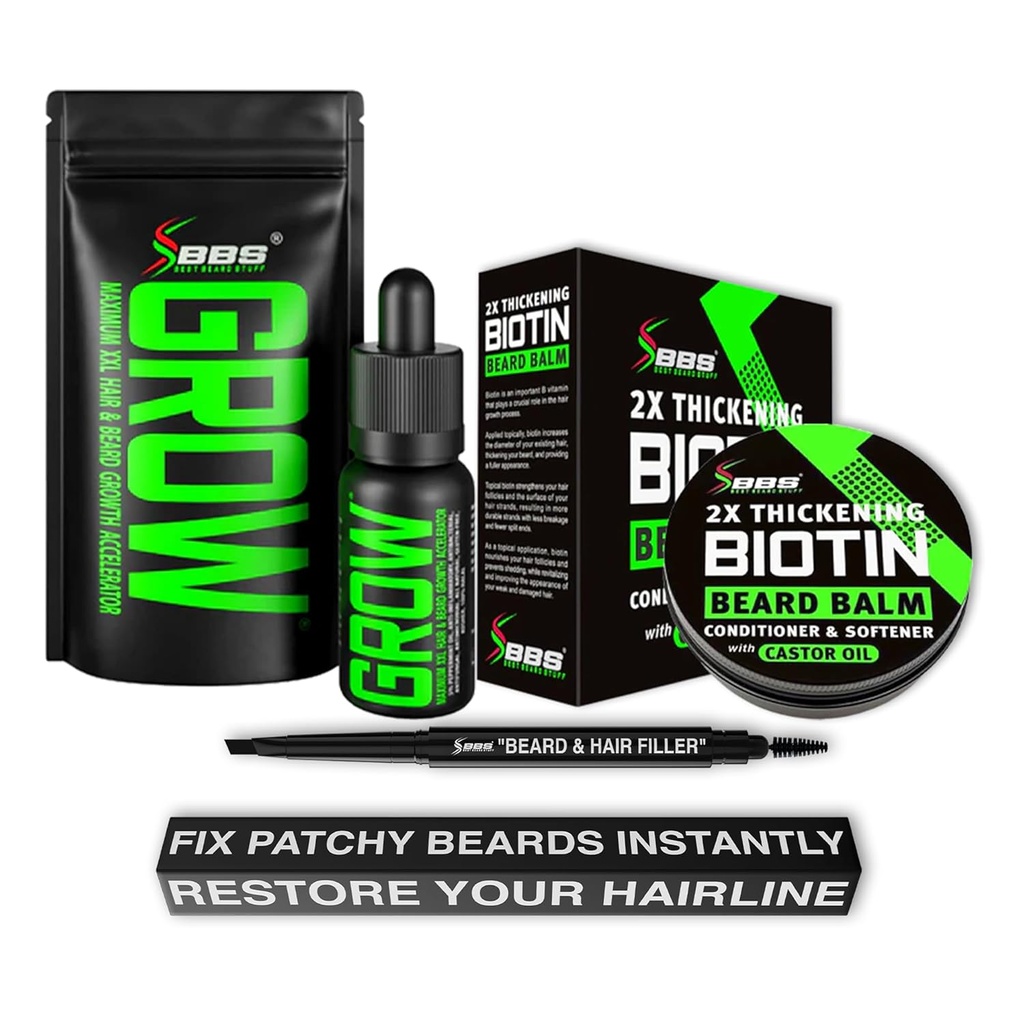 Beard Growth Kit w/GROW Beard Oil for Men + 2X Thickening Biotin Beard Balm for Men + Beard Pen Beard Filler for Men (Black Beard Color for Men) USA
