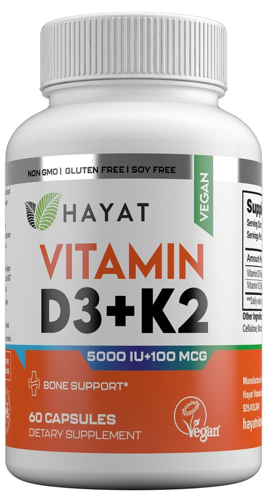 HAYAT Vitaminen Vegan Vitamin D3+K2 (5000 IE + 100 MCG), Dieetsupplement voor bot, tanden, spier- en immuungezondheidsondersteuning, 2 maanden levering, gecertificeerde Halal, 60 capsules, Made in The USA