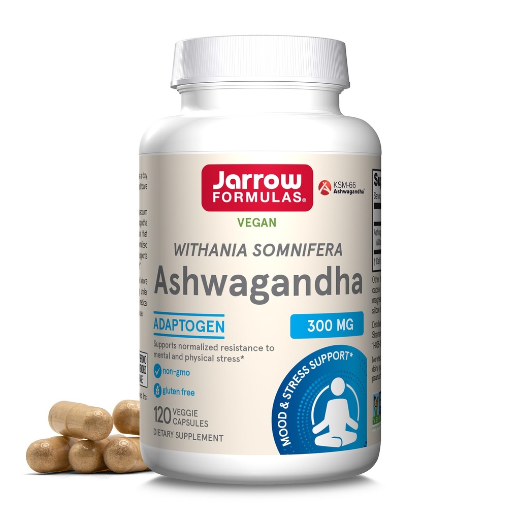 Jarrow Formulas® Ashwagandha Capsules, 300 mg Supplement ondersteunt genormaliseerde weerstand tegen geestelijke en fysieke stress, 120 Veggie Capsules, 60 dagen levering