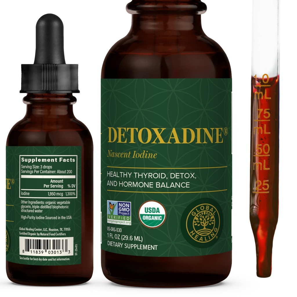 Global Healing Center - Detoxadine - Organic Nascent Liquid Iodine Supplement Drops for Thyroid Support, Detox Cleanse, and Metabolisme - Non-GMO, Vegan, 200 Servings Iodine Drops (1 Oz)