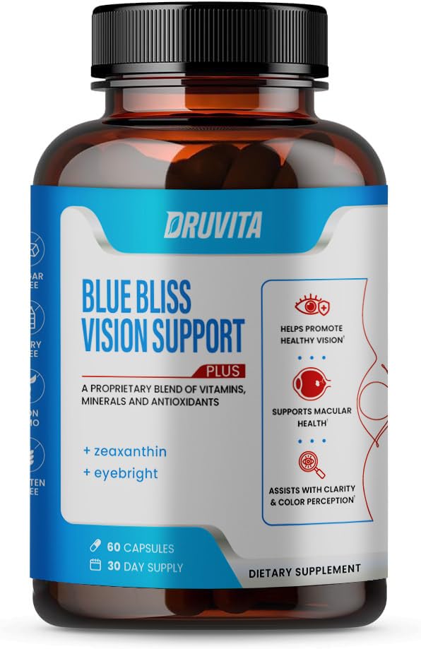 Blue Bliss Vision Support - Vitamines oculaires avec Lutéine, Biotine, Bilberry et Zeaxanthin - Supplément de vitamine pour la santé de la vision et la préservation des adultes Aînés 60 Capsules de légumes 30 jours d'approvisionnement