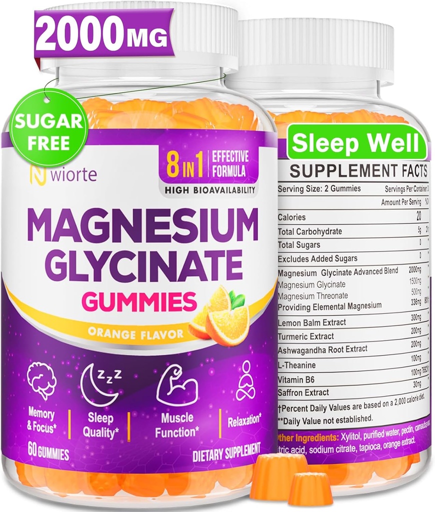 Magnesium Glycinate Gummies Supplement voor Volwassenen Vrouwen, Magnesium Gummies met L-Threonate, Ashwagandha, Vitamine B6- Slaap, Ontspanning, Kalm, Energie, Veganistisch, Suikervrij, 60 Tellen