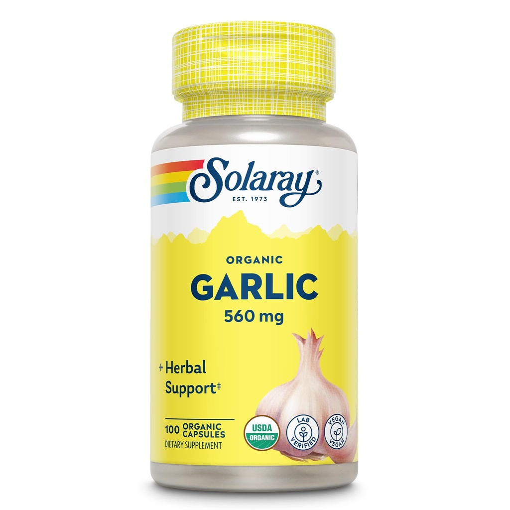 Pilules d'ail biologique Solaray - Suppléments d'ail de 560 mg pour le soutien de la santé cardiaque - Capsules d'ail biologique USDA - Vegan - Garantie de remboursement de 60 jours - 100 portions, 100 VegCaps