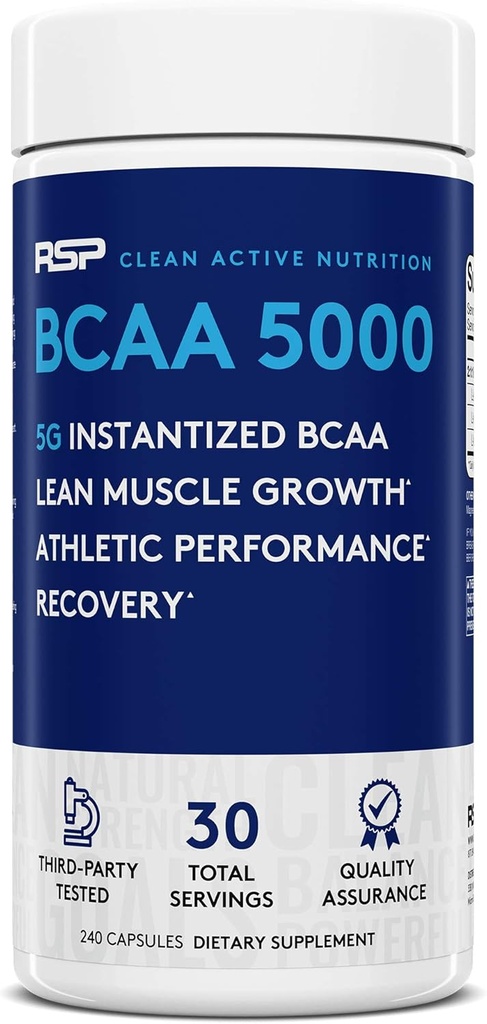 RSP BCAA 5000 (30 Serv), Premium BCAA Capsules voor Post Workout Muscle Recovery, Endurance & Energy, 5g van essentiële vertakte Aminozuren per portie