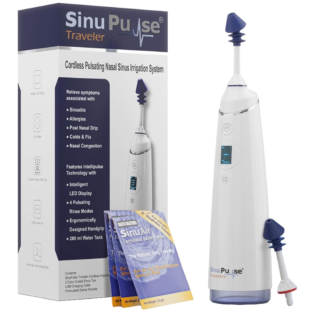 SinuPulse Traveler avec 30 paquets Sinuair - Sans fil Pulsating Nasal Irrigation Sinus Rinse System, Space Saving Cleaner & Relief Machine pour voyager, plus efficace que Neti Pot ou bouteille de pulvérisation de nez