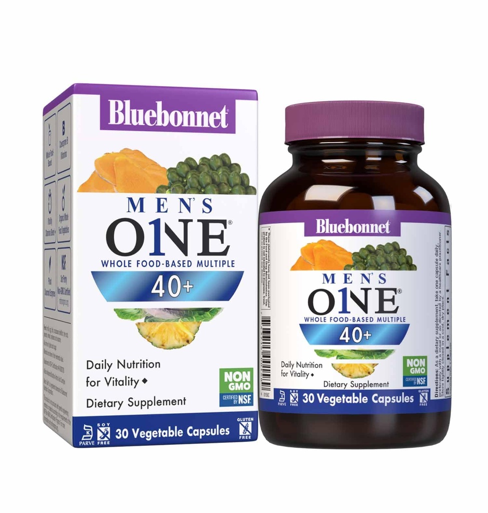 BlueBonnet Nutrition Mens' ONE 40+ Whole Food-Based Multiple, Men Multivitamin for Men 40+, Soy-Free, Non-GMO, Gluten Free, Kosher, 30 Vegetable Capsules, 30 Servings