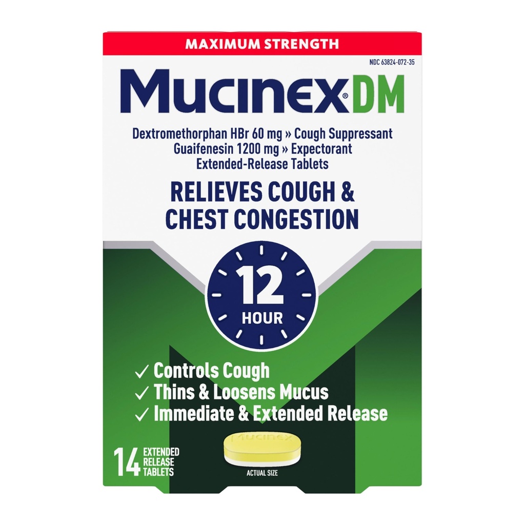 Cough Suppressant en Expectorant, Mucinex DM Maximale sterkte 12 uur tabletten, 14ct, 1200 mg Guaifenesin, Verlicht Borstcongestie, Quiets Nat en Droge Hoest, 1 Doctor Aanbevolen OTC Expectorant