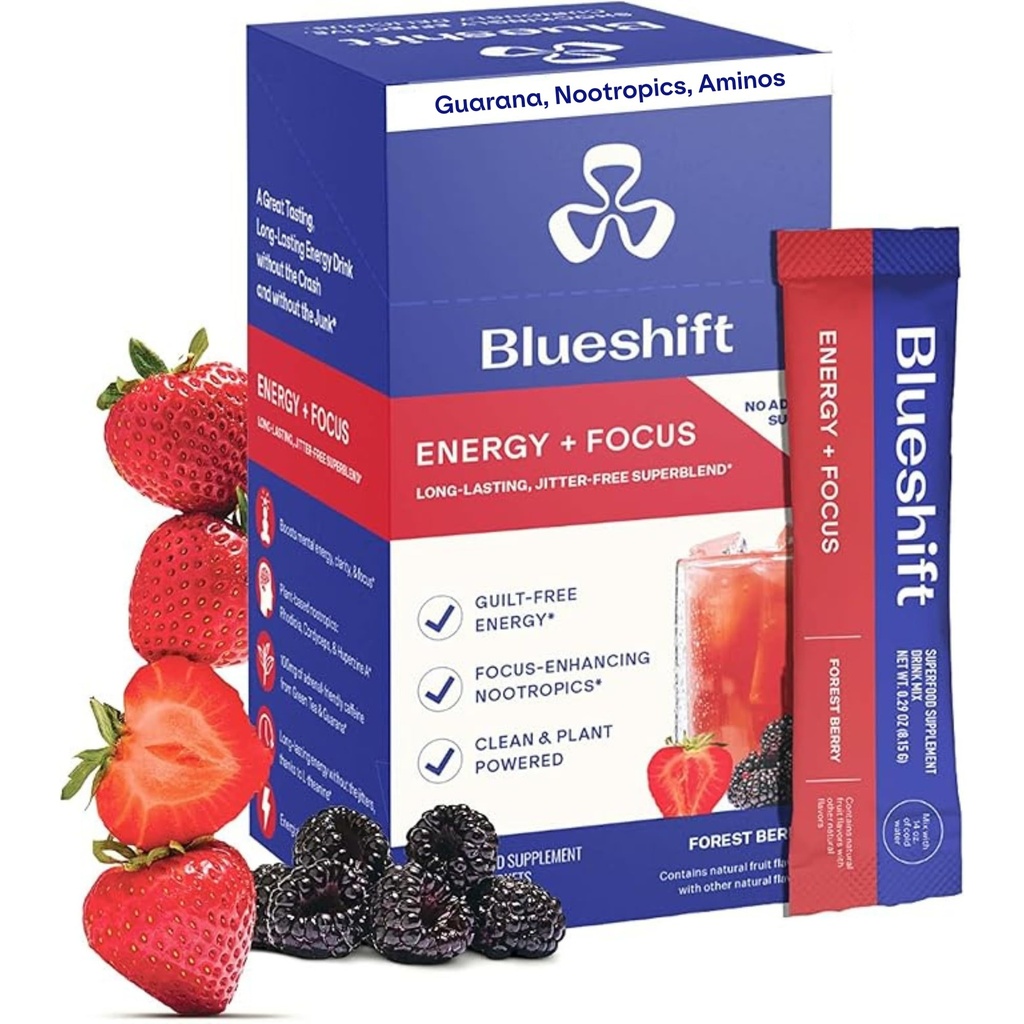 Blueshift Energy + Focus - Less-Sweet Super Clean Plant Based Energy Drink voor volwassenen, met Guarana, Green Tea, Rhodiola, Caffeine, B Vitaminen voor Helderheid & Focus, Geen Suiker - Poeder Sticks (10 Pack)