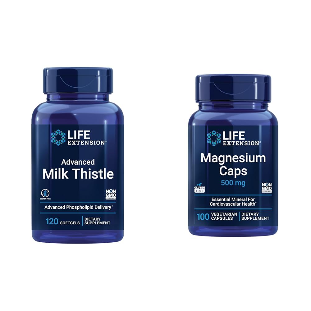 Prolongation de vie Thistle de lait avancé 120 Softgels et Magnésium 500mg Capsules pour la santé du foie, le soutien de la détox, la santé cardiaque et les os sains