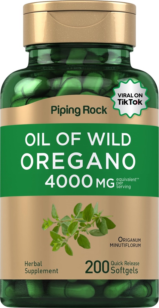 Piping Rock Oregano Oil Softgel Capsules 4000mg, 200 pilules, 200 pilules, supplément d'extrait d'herbes sauvages récoltés, sans OGM, sans gluten