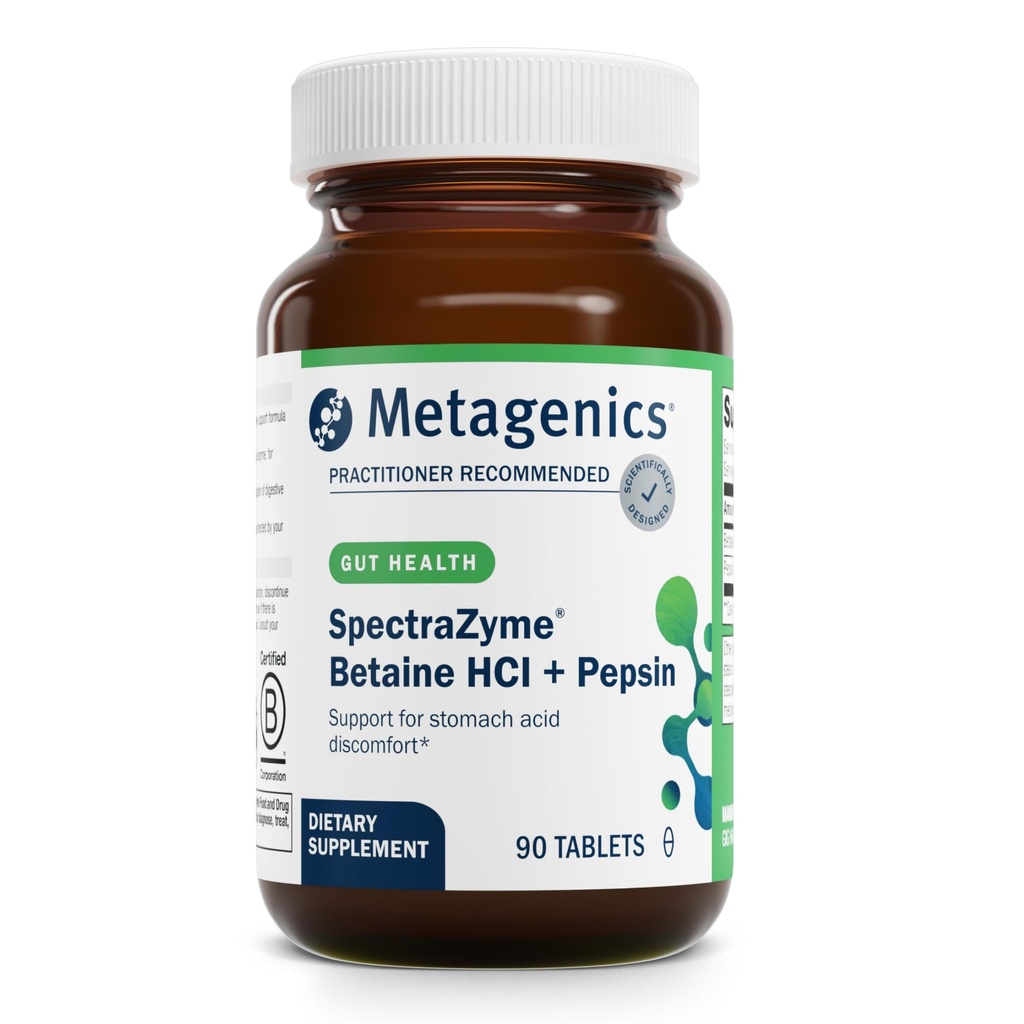 Métagène SpectraZyme Betaine HCI + Pepsin - soutient la santé et les aides à la digestion de l'estomac* - avec Betaine HCl & Pepsin - Enzyme digestive protéolytique* - Non-OGM - 45 portions - 90 comprimés
