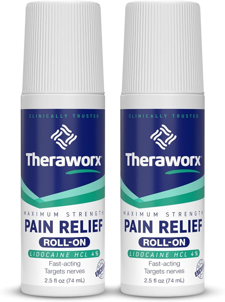 Theraworx Maximum Strength Pain Relief Roll-On with Lidocaine, Fast-Acting - 2.5 Oz - 2 Count