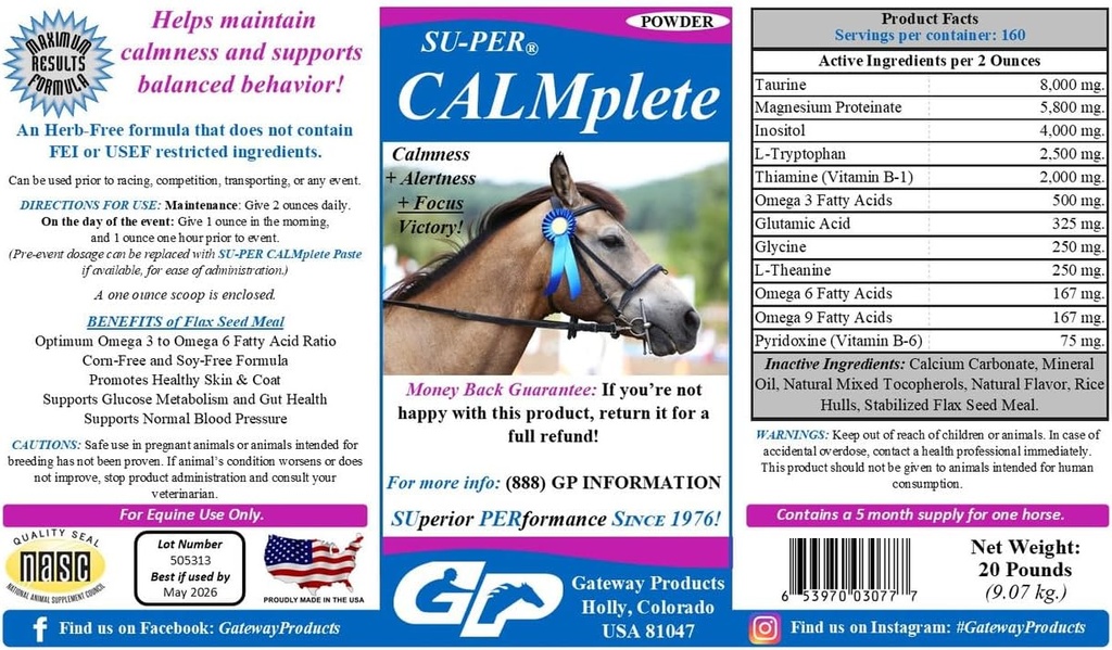 SU-PER CALMFull Calming Horse Supplement - Handhaaf kalmte & Balanced Gedrag - Thiamine, Tryptofaan & Magnesium - 20 pond, 5 maand levering (150 dagen)