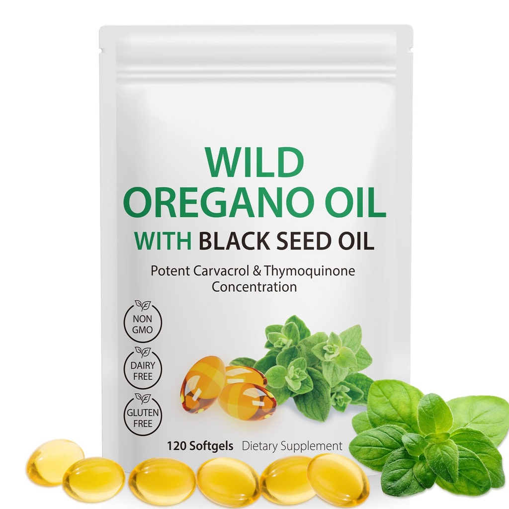 Olie van Oregano met zwarte zaadolie, 6000mg Oregano Oil Capsules Biologische, van Oregano Supplement Capsules, Natuurlijke Antioxidanten, Non-GMO, Glutenvrij, 120 Softgels