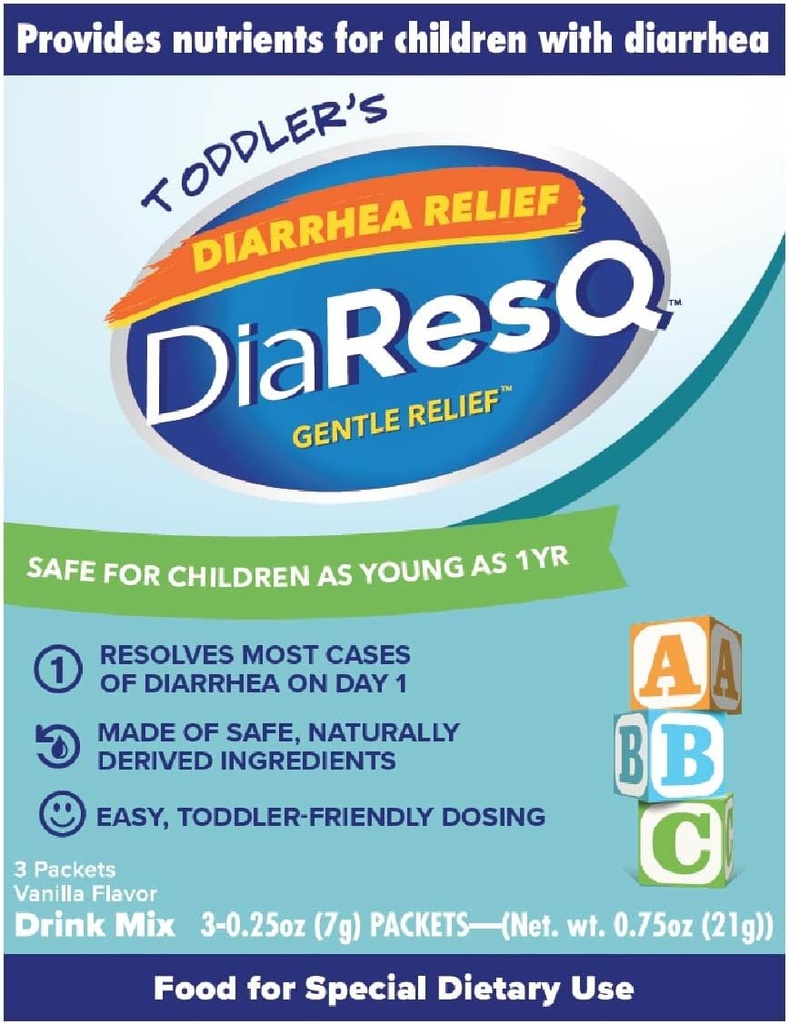 DiaResQ Diarree & Immune Support Colostrum Drinkmix voor peuters (1+ jaar) Pack van 3, Voorzichtige verlichting, helpt herstellen Normale Intestinale Functie, Antibiotica & Drugvrij, Glutenvrij, Vanille smaak