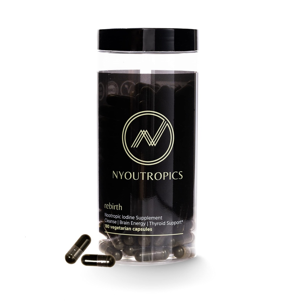 "Rebirth by NYOUTROPICS - Nootropic Jodium Supplement (180 Vegan Capsules), Biedt Hersenondersteuning en schildklierondersteuning voor vrouwen en mannen, niet-accumulerende Positieve Monovalente Jodium Vorm"