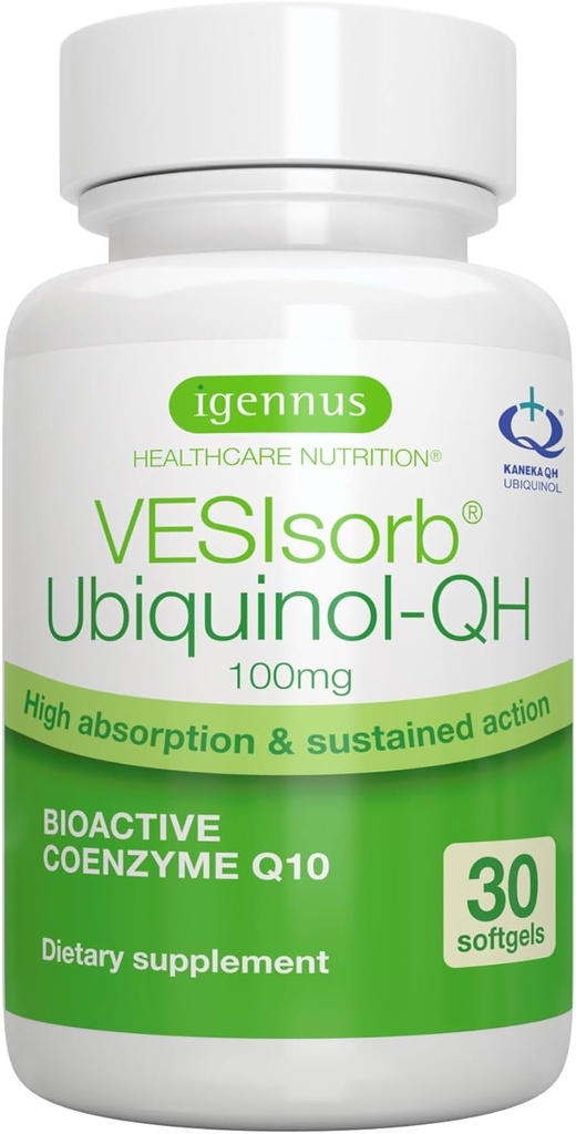 Igennus Advanced VESIsorb Ubichinol 100mg 30 Softgels, 600% Biobeschikbaarheid, snelwerkend water-oplosbaar Co-enzym Q10 Supplement voor energie en hart, 1-maand levering