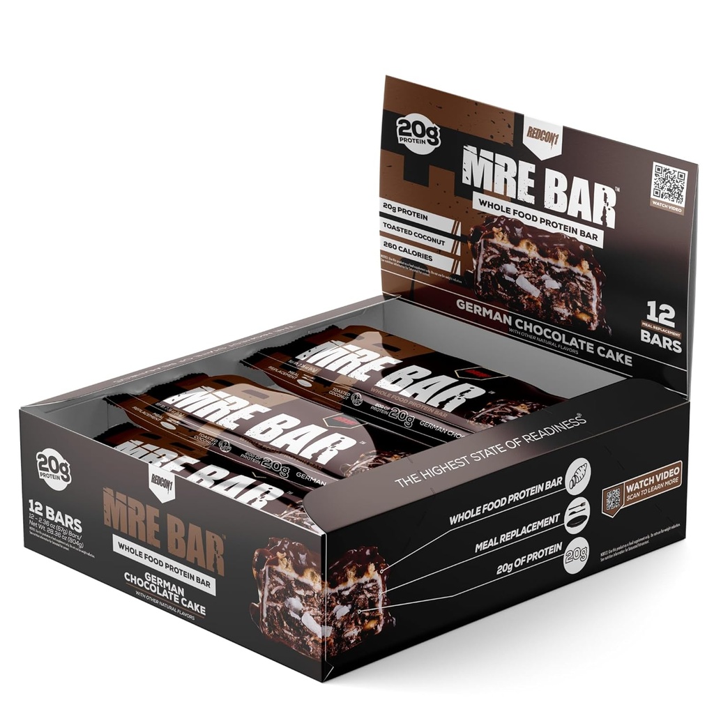 REDCON1 MRE Protein Bar, Duitse chocolade cake - Bevat MCT olie + 20g van Whole Food Protein - gemakkelijk te onderscheiden, Macro Balanced Low Sugar Meal Replacement Bar (12 Bars)