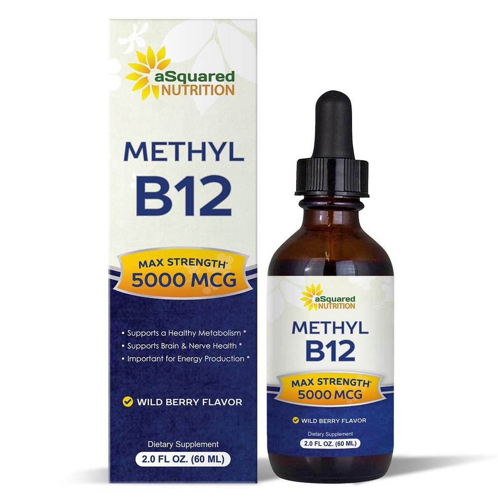 ASquared Nutrition Vitamine B12 Sublingual Liquid Drops - 5000 MCG Supplement met Methylcobalamine (methyl B-12) - Max Absorptie B 12 om energie te verhogen - Vegan Friendly - 2 fl oz