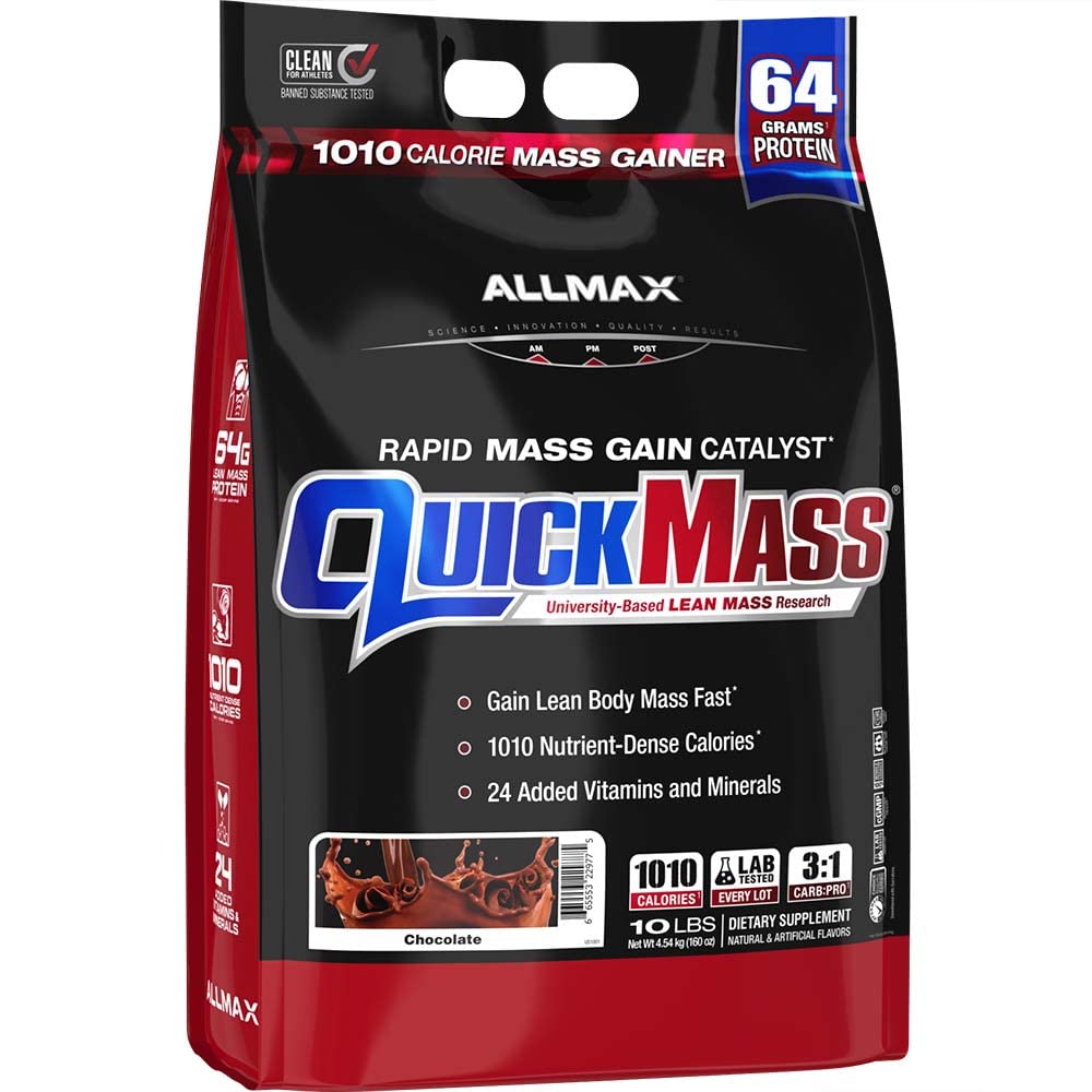 ALLMAX QUICKMASS, Chocolate - 10 lb - Rapid Mass Gain Catalyst - Tot 64 Gram eiwit per portie - 3:1 Carb to Proteine Ratio - Zero Trans Fat - Tot 70 Servers