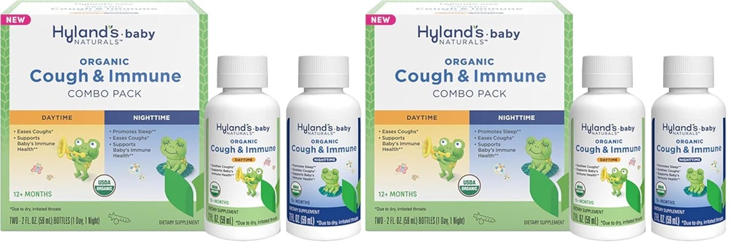 Hyland's Naturals - Baby - Organic Cough & Immune Day & Night Combo Pack - Eases Coughs, Supports Immunity, Promoot Slaap, Two 2 Fl Oz. Flessen (4 fl oz) (Pack of 2)
