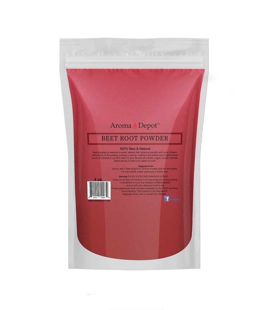 Beetwortelpoeder 4oz door Aroma Depot Raw & Non-GMO I Vegan & Glutenvrij Nitrikoxide Booster I Boost uithoudingsvermogen en verhoogt energie I Immuunsysteem Booster I 100% natuurlijk