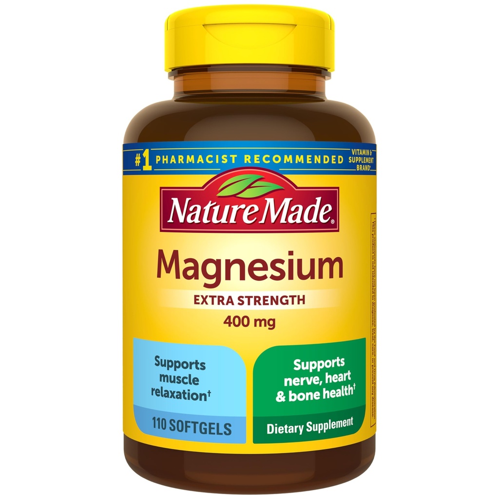 Nature Made Magnesium Oxide 400 mg Softgels, Extra sterkte Magnesium supplementen voor mannen en vrouwen, Ondersteuning voor spier, nerve, bot en hart, 110 dagen levering