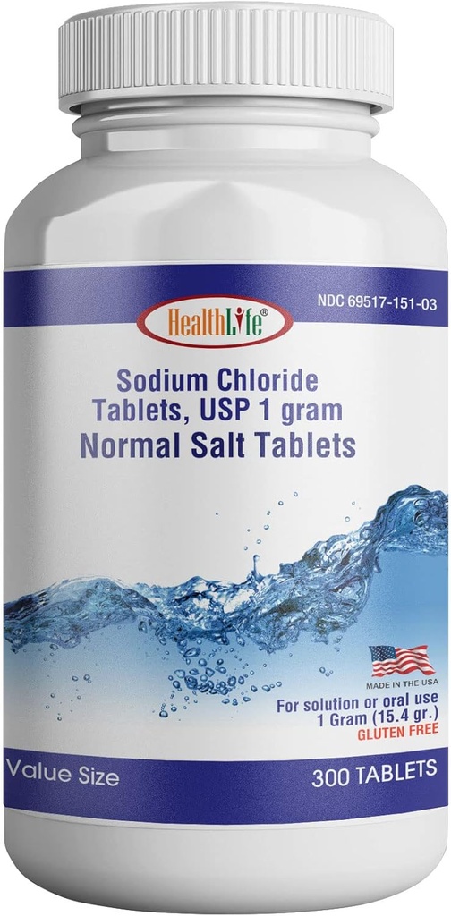 Santé Vie Chlorure de sodium Comprimés 1000mg Vitamine (300) Comprimés de sel normaux (300) Supplément minéral de sodium (15,4gr.)