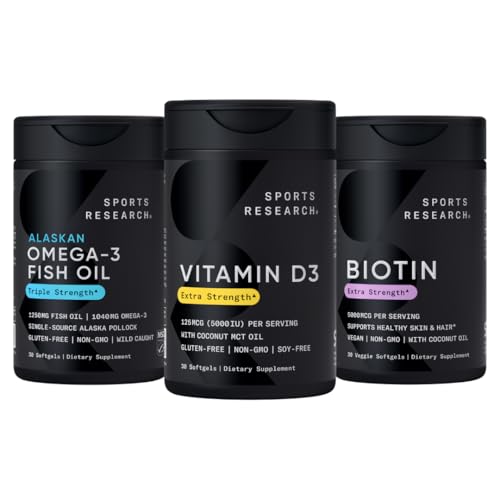 Recherche sportive Triple force Omega 3 Huile de poisson sans Burpless 1250mg de bouleau sauvage de l'Alaska, vitamine D3 5000 UI avec huile de noix de coco MCT (125mcg) et biotine végétalienne 5000mcg vitamine B7-30 Softgels Chaque