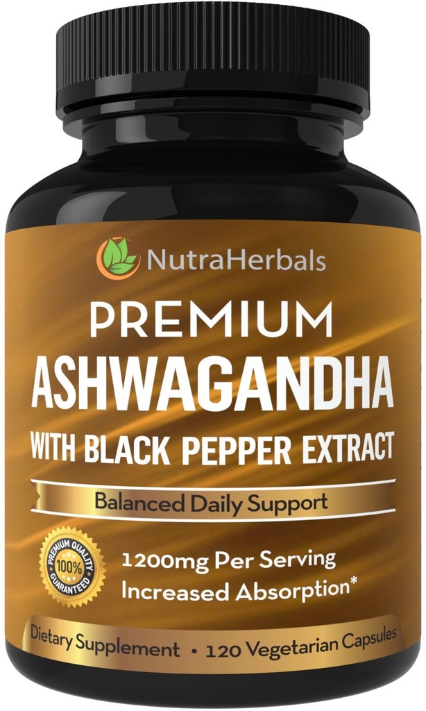 Supplément Ashwagandha fait avec la poudre de racine Premium Ashwaganda 1200mg avec extrait de poivre noir pour l'absorption accrue - 120 capsules Vegi