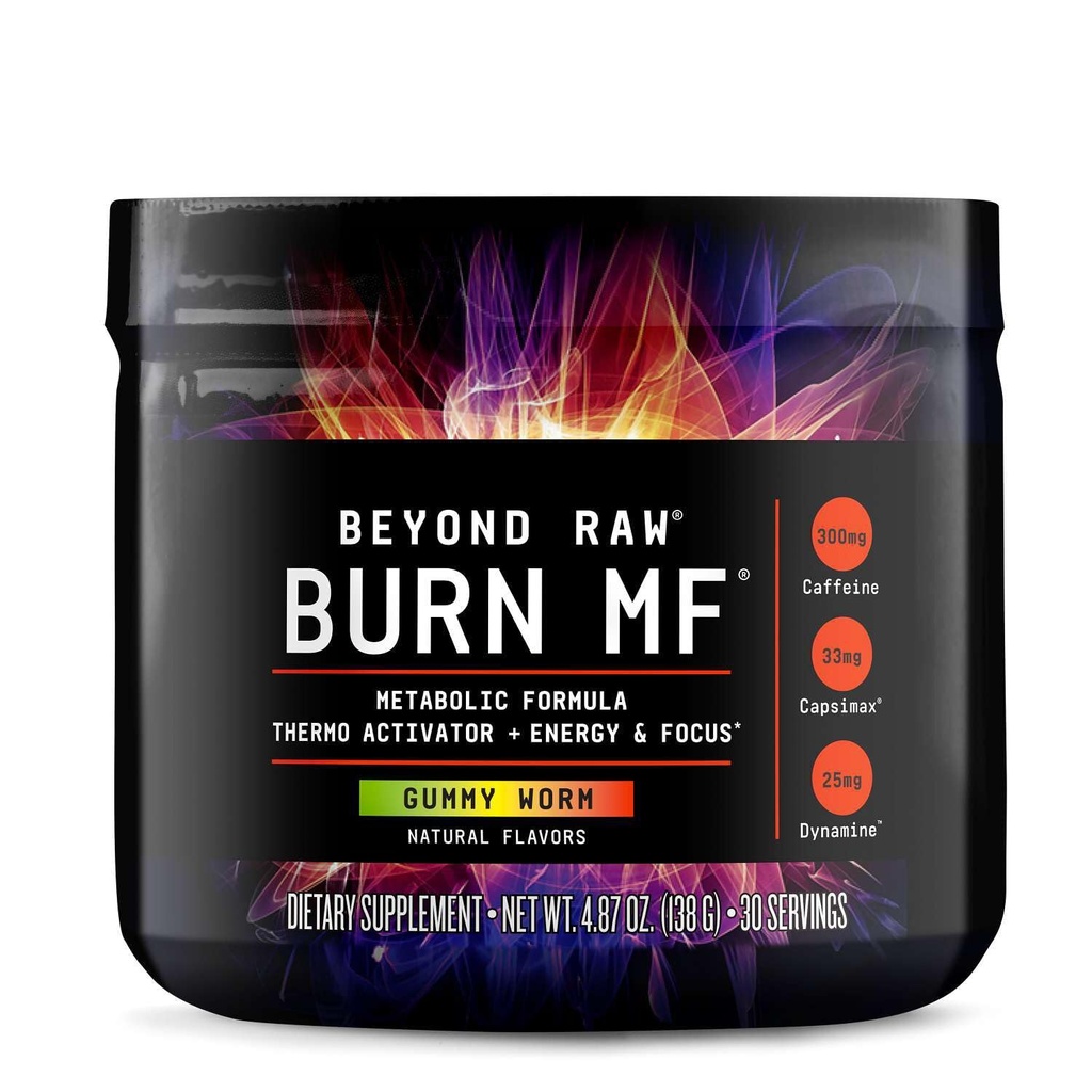 BEYOND RAW Burn MF, Metabole Formule, Thermo Activator, Ondersteunt energie en focus, Gummy Worm, 30 porties