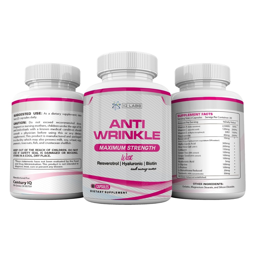 Skin Beauty Solutions (4) Anti-rimpel Max Supplements 240 Capsules w/Resveratrol, Alpha Lipoic Acid, Collageen, DMAE, Hyaluronic + Pillen