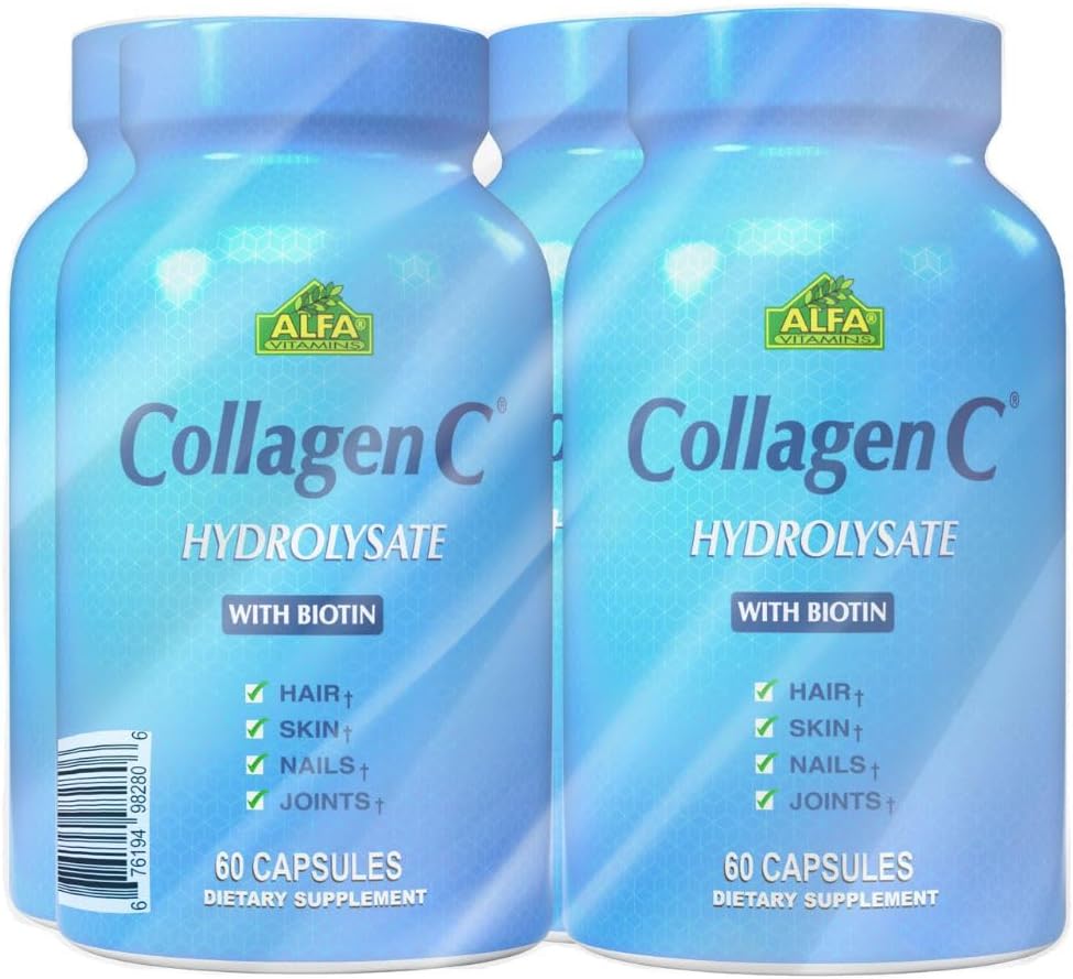 CollageenC Hydrolysaat - Collageen Capsules 4 verpakkingen met Biotine & Vitamine C - 60 capsules per fles voor huid, haar, nagels, immuun & gezamenlijke ondersteuning - 4 verpakkingen
