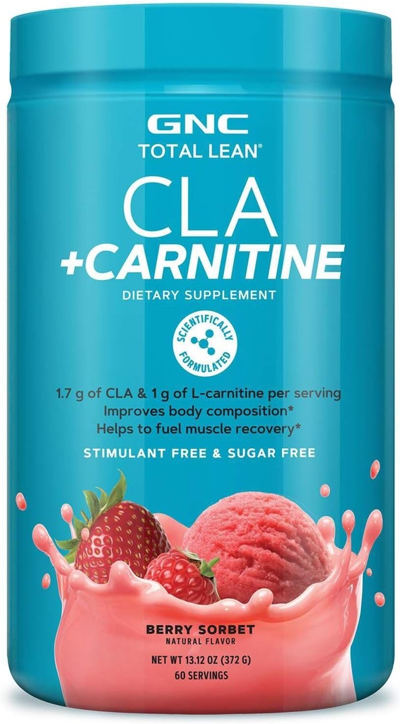GNC Total Lean CLA + Carnitine Verbetert Lichaamssamenstelling en brandstof Spierherstel, Stimulerend Gratis en Suikervrij Berry Sorbet 60 porties