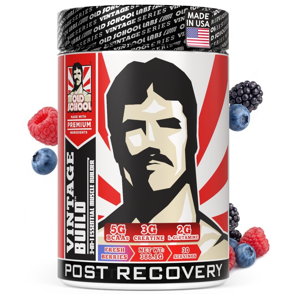 Old School Labs Vintage Build Post-Workout Recovery Powder Drink met BCAA's, Creatine & L-Glutamine ter ondersteuning van spierherstel & kracht voor mannen & Women Verse bessen, 30 porties