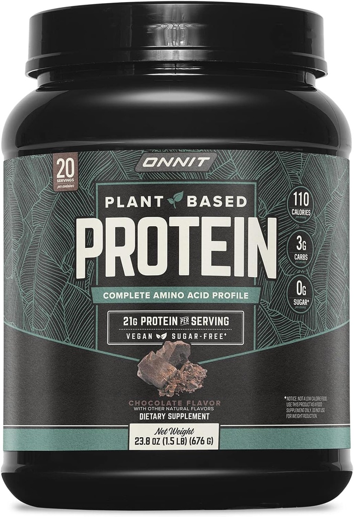 ONNIT Plant-Based Protein Poeder, Chocolade Smaak, 21g Proteïne per Serving, Vegan en Dairy Free Dietary Supplement met 20 Servings per Tub, 23,8 oz