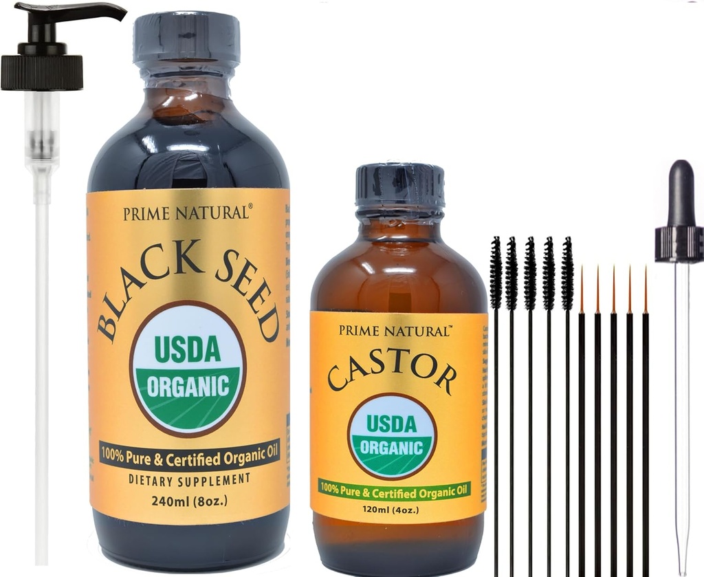 PRIME NATURAL Huile de semis noire biologique et huile de ricin biologique - 2 blocs d'huile - USDA Certifié - pressé à froid, vierge, non raffiné, végétalien, non-OGM, sans conservateurs