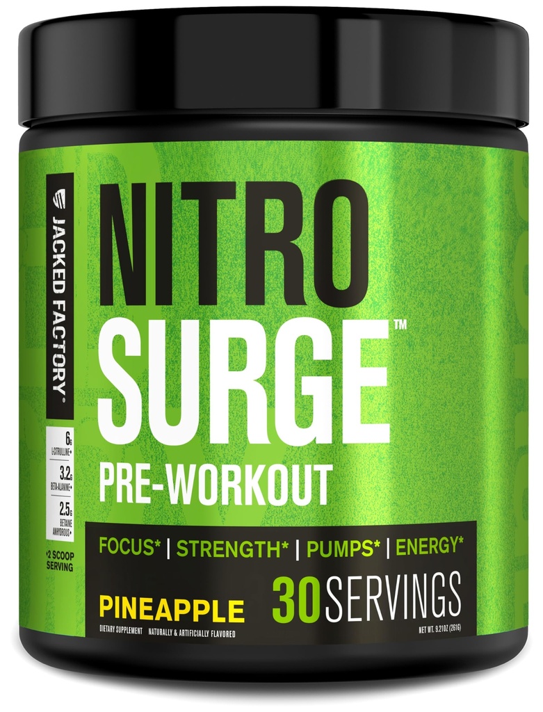 Supplément de pré-entraînement Jacked Factory NITROSURGE - Endless Energy, Instant Strength Gains, Clear Focus, Pompes Intenses - PAS de booster et puissant pré-entraînement Poudre d'énergie - 30 portions, ananas
