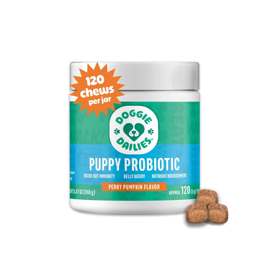 Doggie Dailies Puppy Probiotic, Probiotica voor Puppies met spijsverteringsenzymen, bevordert de spijsvertering gezondheid, ondersteunt het immuunsysteem en algemene ontwikkeling (Pumpkin) 120 Zachte kauwen