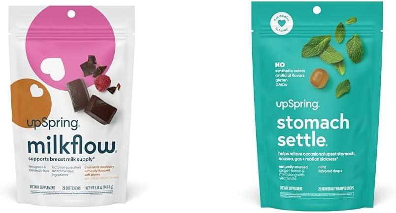 UpSpring Molkflow SoftChews, complément d'allaitement avec Fenugreek et chardon béni + UpSpring Stomach Settle Des gouttes pour le soulagement occasionnel des nausées/Upset Stomach avec Ginger, Citron, Spearmint et B6.