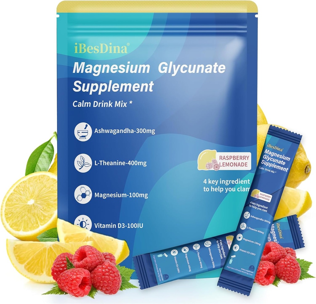 Suppléments de cortisol pour les femmes, Mélange de calm,Glycinat de magnésium,Ksm-66 Ashwagandha,Vitamine D 3, 20 Sur le Go Packets,Lémonade aux framboises,Supplements pour la détente