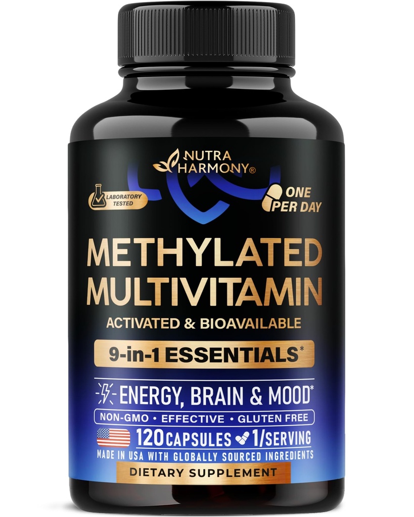 Multivitamines méthylées - B2, B6, 5-MTHF et B12. Supplément avec TMG - Energie, Cerveau et Mood - Vegan - Fabriqué en France - 120 Capsules