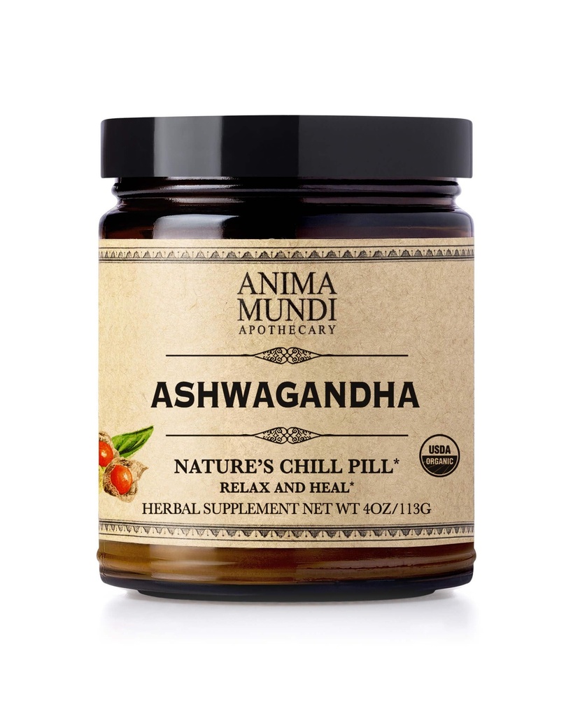 Anima Mundi Poudre d'Ashwagandha - Poudre de racine biologique d'Ashwagandha provenant de l'Inde - communément connue comme poudre de racine indienne de ginseng - Supplément à base de plantes calmante - Ajouter au thé, café et plus (4oz / 113g)