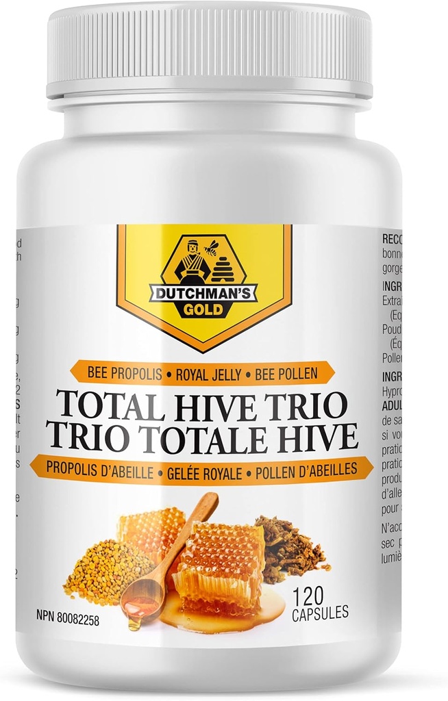 Dutchman's Gold Total Hive Trio Capsules - 120 Veg Caps Ongeveer 30-60 Servings - Bee Pollen Royal Jelly & Propolis Supplement - Superfoods for Antioxidant Immune Support - Natural Honey Mix