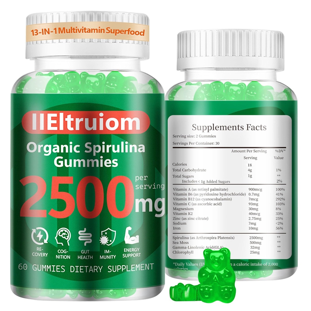 Organische Blue Spirulina Chlorella Gummies, 13-in-1 Super Greens & Superfoods, Spirulina 2500mg Enhanced Daily Energy with Sea Moss, Chlorofyl, GLA, Gluten Free, 60 Vegan Gummies