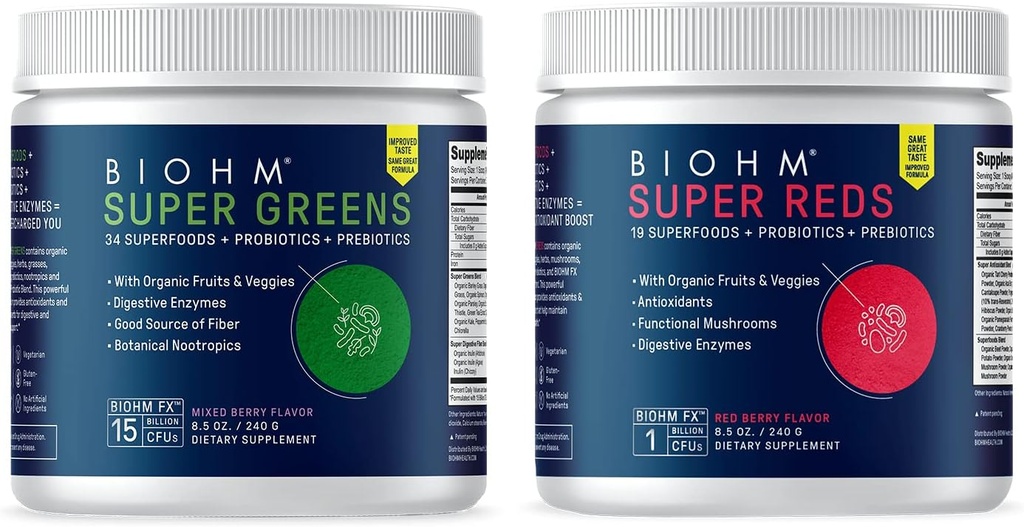 BIOHM Super Reds en Greens Bundle, Superfood Powder met Probiotica en Digestieve Enzymen, Verpakt met Antioxidanten en Polyfenolen, Allergenen Free, Non-GMO, Vegan - 30 Servings Elk