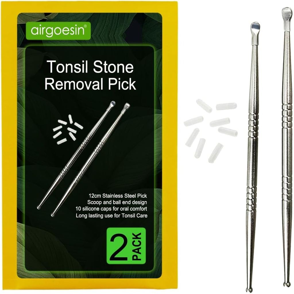 Airgoesin 2st Tonsil Stone Verwijdering Kies Tonsilolith Premium Tool Roestvrij staal Orale Cleaner met 10 zachte Siliconen Caps