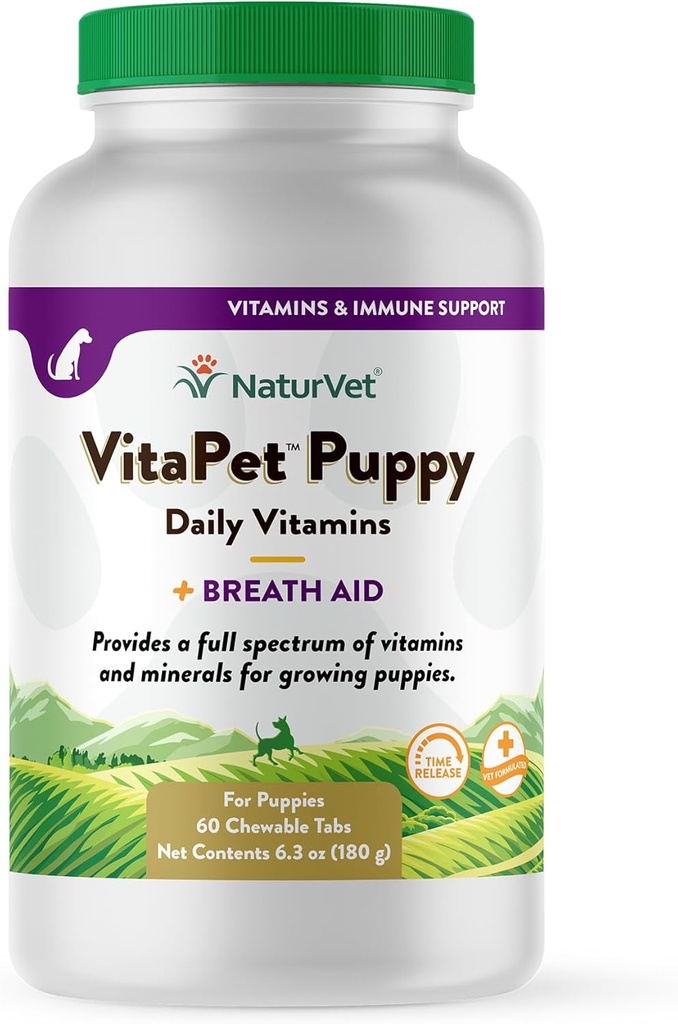 NaturVet VitaPet Puppy Daily Vitamins Plus Ademhulp voor Puppies, 60 ct tijd release, Kauwtabletten, Made in The USA with Globally Source Ingredients