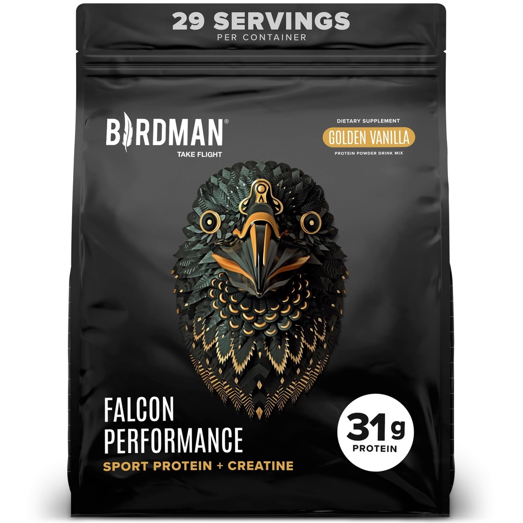 BIRDMAN Falcon Performance Poudre de protéines végétaliennes, 31g de protéines, 5g de créatine, 5g BCAA, Probiotiques, électrolytes, pré-entraînement, faible teneur en glucides, sans sucre et sans lait, à base de plantes protéines de vanille, 29 portions