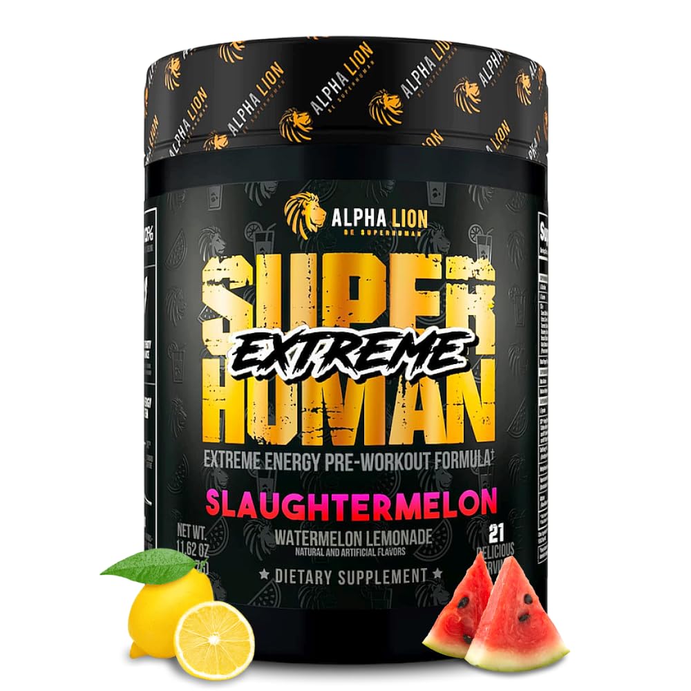 ALPHA LION Superhuman Extreme High Stim Pre Workout Powder, Beta Alanine, L-Taurine & 356mg Tri-Source Cafeïne voor duurzame energie, Nitric Oxidine & Citrulline voor pomp (21 Servings, Slaughtermelon)